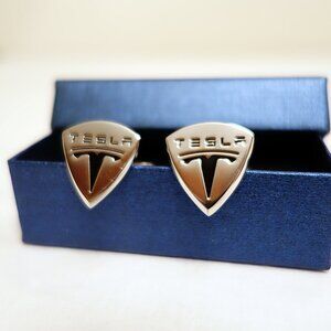 Brand New Chromed & Enameled Tesla Emblem Cufflinks with Case, Silver